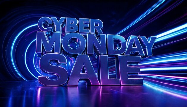 Cyber monday sale 3D chrome text set against a dark blue background with circular light trails shopping event 3D letters circular lights online discount retail promo consumer deals cyber week