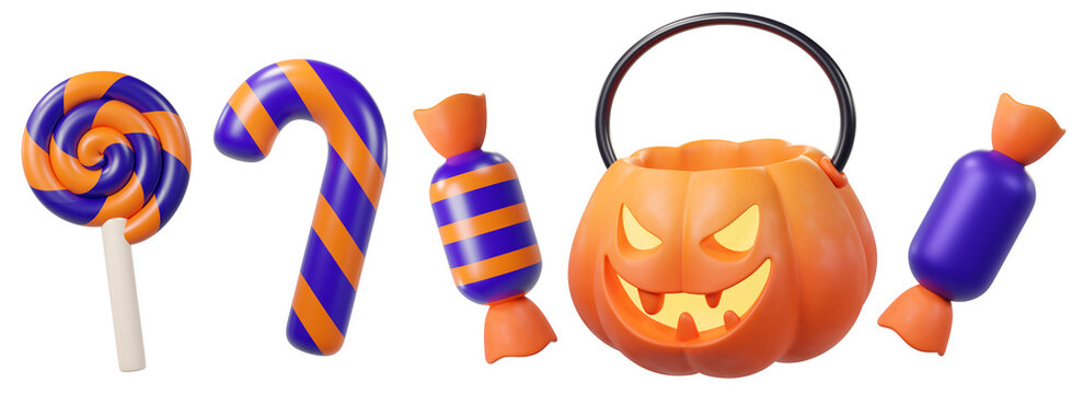 Halloween 3d candy with lollipop, candy cane, and pumpkin bucket, isolated on background. Icon for parties, banners.
