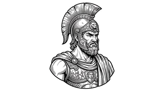 Detailed Spartan Ancient Greek Warrior Portrait with Plumed Helmet, Hand Drawn Black and White Art