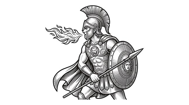 Powerful Greek Spartan Warrior Breathing Fire with Medusa Shield and Spear in Engraving Style Illustration