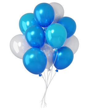 Set of 3d balloons in white, blue, isolated on background. Glossy, festive illustration for celebrations, boy parties, and events.
