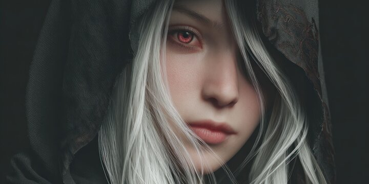 Close up portrait of a woman with white hair and red eyes against dark background