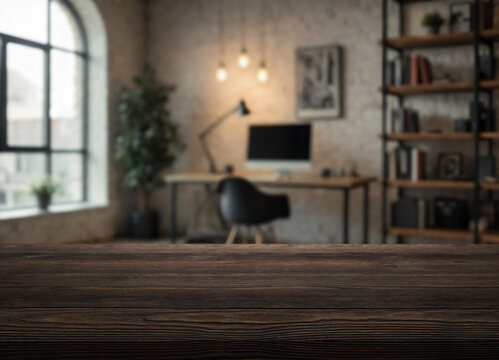 Empty desk setup presents blurred home office background. Wooden tabletop, computer monitor, chair, lamp, and shelf create tidy workspace with quiet professional mood. Clear surface offers copy space.