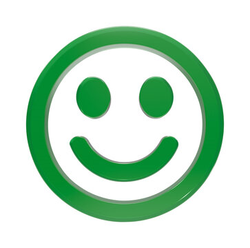3D glossy green smiley face icon isolated on white background for digital user interface design