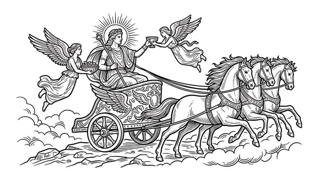 Mythological Illustration of Sun God Helios in a Winged Chariot with Three Horses and Flying Angels