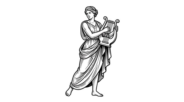 Classical Greek Muse Character Playing Lyre Harp, Ancient Mythology Goddess Hand Drawn Engraving Art