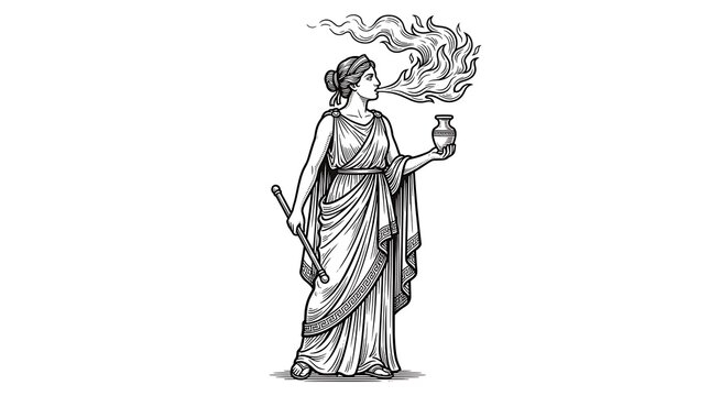 Classical Greek Goddess Breathing Fire and Holding Ancient Urn and Staff Engraving Illustration