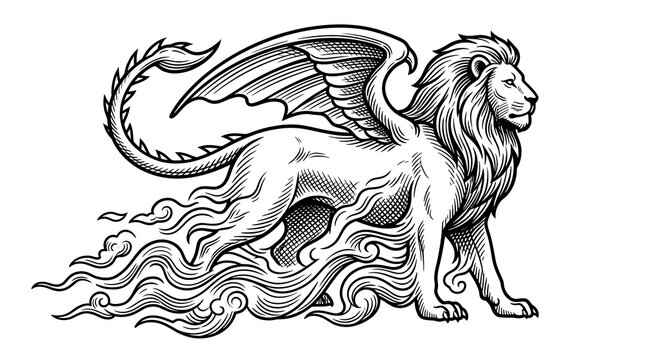 Mythical creature illustration of a majestic lion with dragon wings and fire tail in woodcut style
