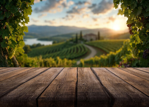 Wooden table faces vineyard at sunset, bordered by grape leaves and hanging grapes. This tranquil vineyard landscape offers rustic tasting backdrop, with soft hills, winding rows, and glowing sky.