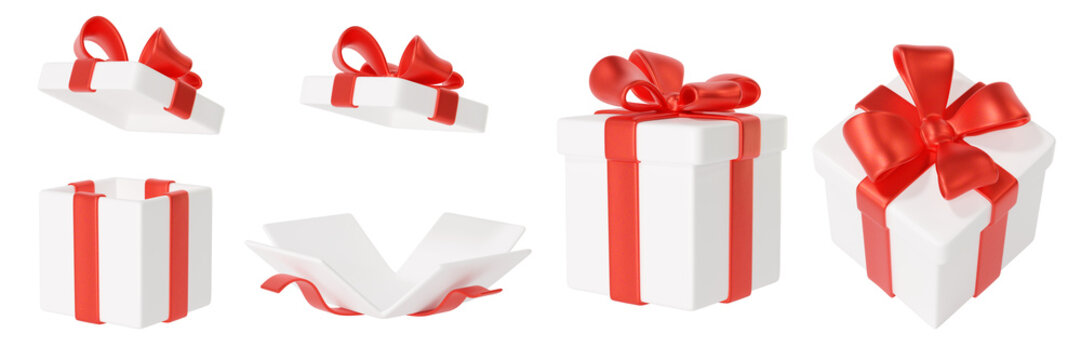 Set of white gift boxes with red ribbons and bows in multiple angles, isolated on background. Perfect for gifts, celebrations, and festive occasions.
