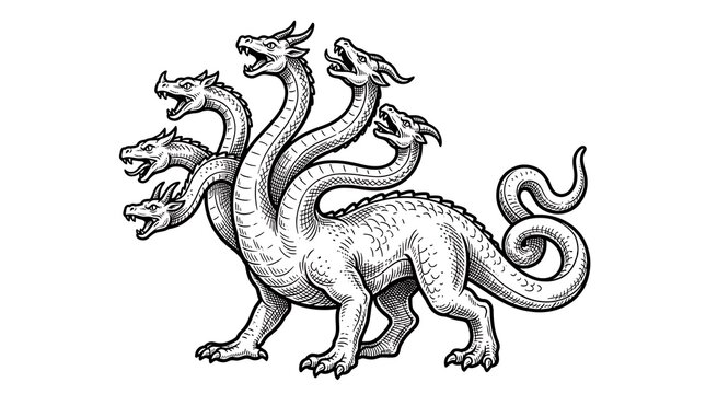 Mythological Seven-Headed Lernaean Hydra Dragon Monster Vintage Woodcut Style Engraving Illustration