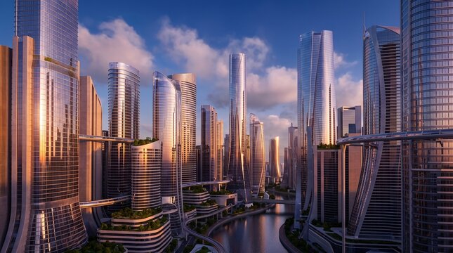 Futuristic cityscape featuring towering glass skyscrapers reflecting warm golden sunset light with flowing river canals and intricate elevated transit pathways winding through high density urban archi