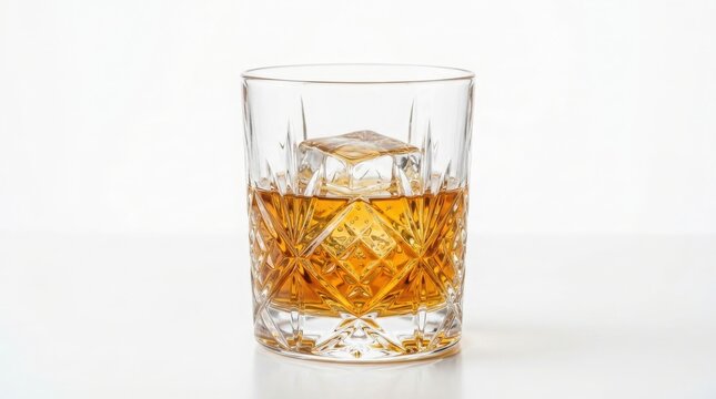 Crystal tumbler glass containing whiskey and ice cubes with cocktail beverage refreshment alcoholic glassware drinking celebration relaxing nightlife transparent clinking refreshing