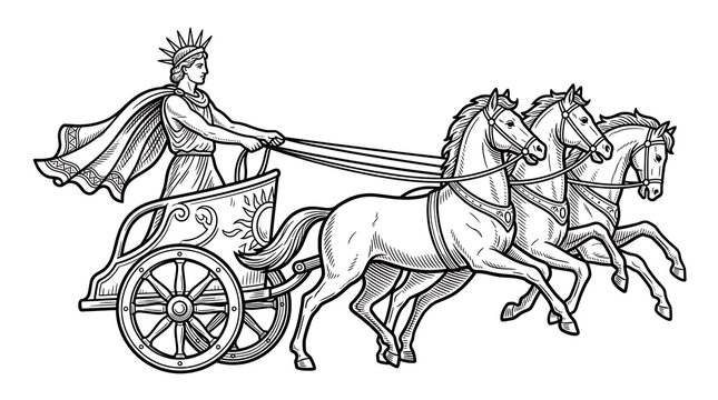 Ancient Greek Sun God Helios Riding a Classical Chariot Pulled by Four Horses Line Art Illustration