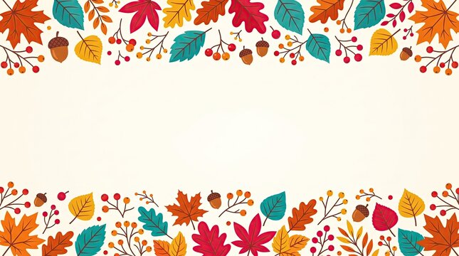 Autumn leaves and berries border frame isolated on white background