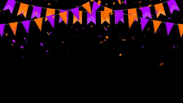 Orange and Purple Bunting Flags with Falling Confetti Alpha channel animation, Halloween Party celebration isolated motion design element