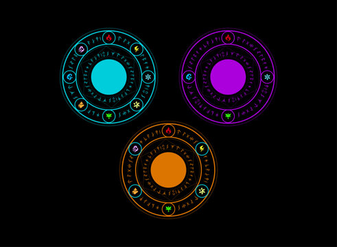 Fantasy RPG elemental magic wheel set featuring three circular arcane interfaces with glowing cores, runic symbols, elemental icons, and mystical game UI designs.