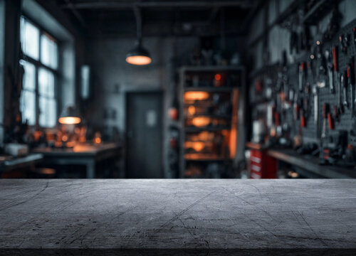 Empty workbench waits in dim workshop, set before hanging tools and glowing lamps. Still repair surface feels orderly and slightly moody, giving this industrial space practical ready state.