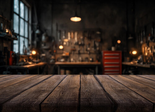 Wooden tabletop anchors workshop setting with tool lined background and red cabinet. Empty work area creates quiet, practical mood in industrial room built for hands on tasks and repair work.
