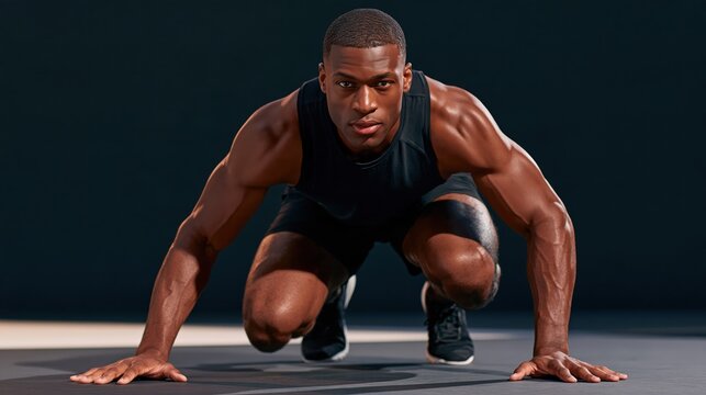 Muscular man in starting position on dark studio floor, focused expression, athletic stance, black workout gear, dramatic lighting