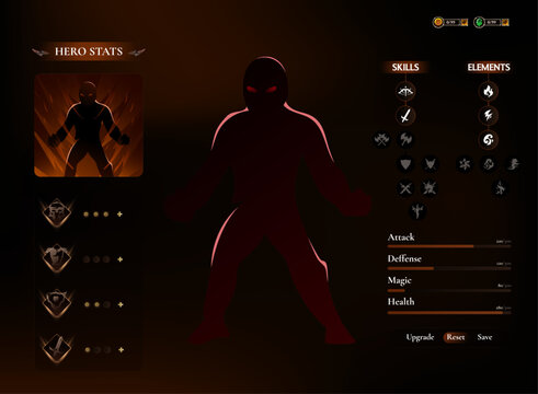 Fantasy RPG hero stats interface featuring a character profile, skill and elemental icons, upgrade controls, and combat attributes in a dark medieval game UI.