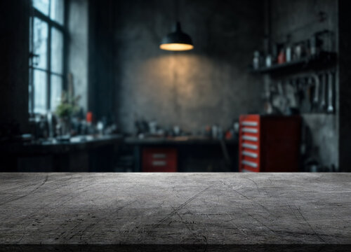 Empty workbench surface sits in dim workshop, ready for tools and repair tasks. Scratched tabletop fills foreground while hanging lamp and red storage cabinet suggest practical workbench surface.