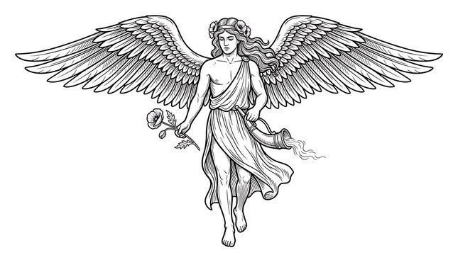 Engraving style illustration of Hypnos the Greek god of sleep with wings holding poppy and horn