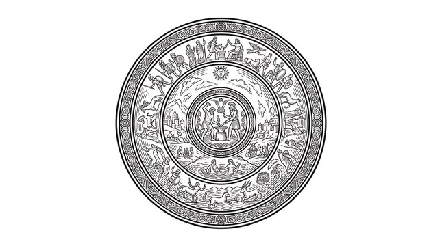Detailed Engraving of Ancient Greek Shield of Achilles with Mythological Scenes and Epic Ornaments