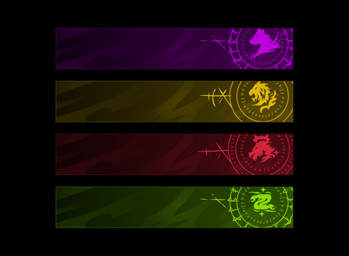 Fantasy RPG game banner collection featuring colorful elemental emblems, mystical rune circles, dark abstract backgrounds, and horizontal panels for game UI design.