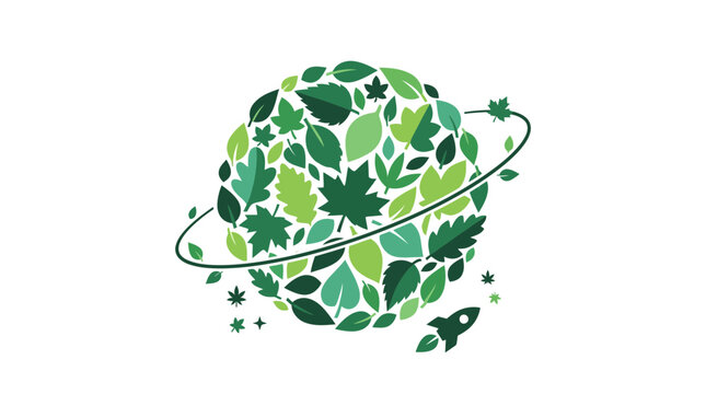 Planet Earth made of green leaves with orbiting ring and rocket