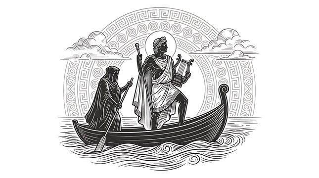 Orpheus with Lyre and Charon Ferryman Crossing the River Styx Vintage Engraving Illustration