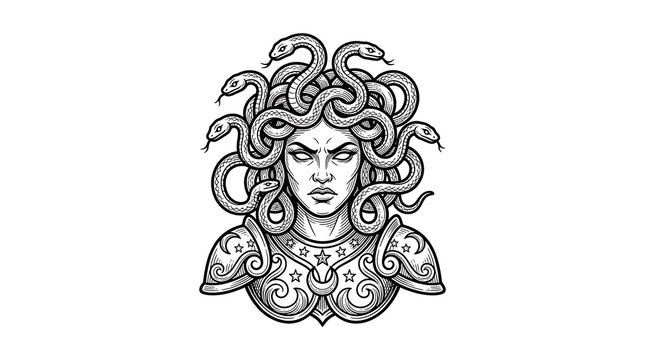 Medusa Gorgon Head with Snake Hair and Ornate Armor Illustration in Black and White Line Art Style