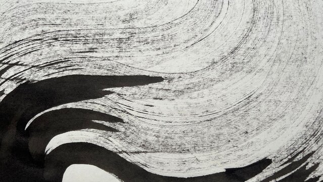 washi-textured background material, large water flow drawn in ink, monochrome curved lines, big wave lines