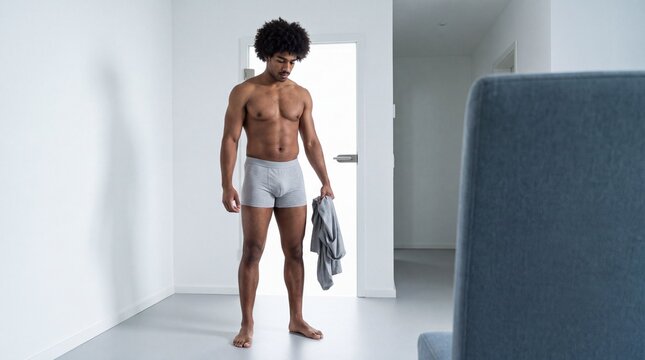 Muskul&ouml;ser Mann in Unterw&auml;sche steht barfu&szlig; im hellen Schlafzimmer