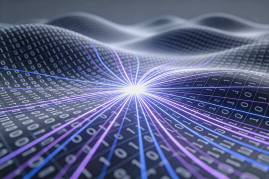 An abstract 3D visualization of binary data flowing along glowing light paths over a wavy digital grid, representing data transmission and information technology.