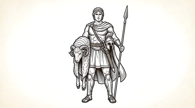 Ancient Greek Hero Jason Holding the Golden Fleece and Spear Mythology Warrior Illustration Sketch