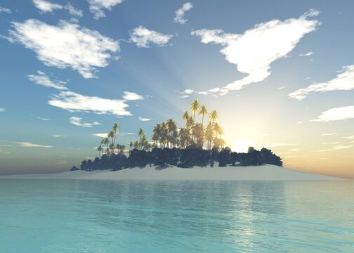 Beautiful beach with palm trees at sunset, panorama of a tropical landscape, sea sunset,
3d rendering
