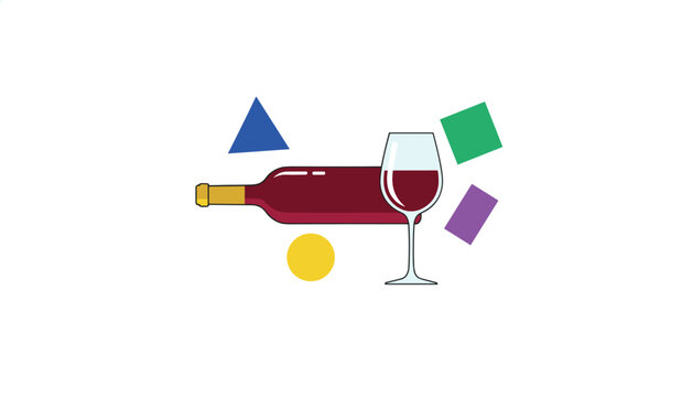 Red wine bottle and half-filled glass are surrounded by floating colorful geometric shapes on a white background.