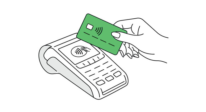 Contactless payment with credit card and pos terminal line illustration