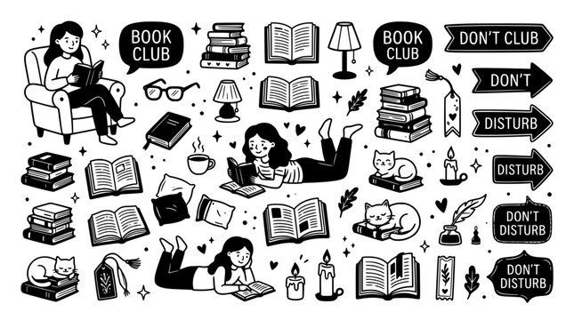 Collection of reading themed illustrations with books people and decorative elements