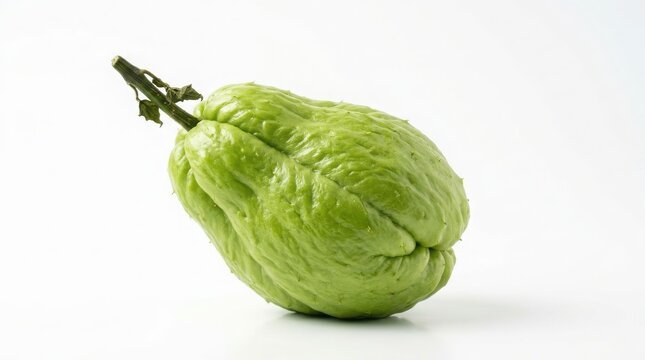 Single fresh green chayote squash on a white surface with green vegetable mexican squash raw vegetable organic produce vegan food pear squash cooking ingredient plant based gourd family
