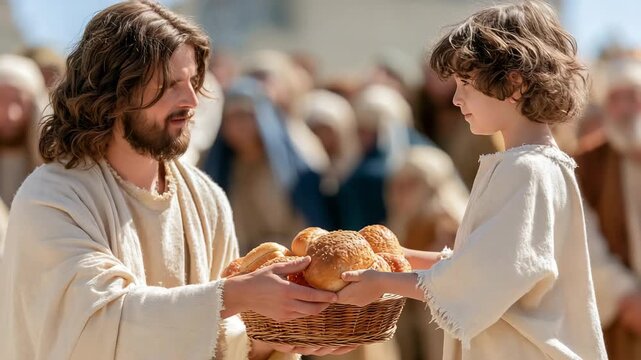 Small Boy Hands Bread and Fish to Jesus for Miracle of 5000
