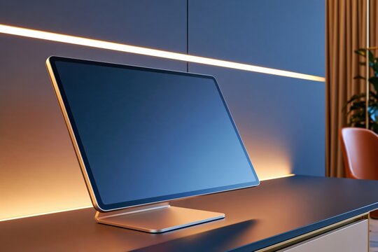 Modern computer monitor on sleek desk with ambient warm lighting and blue wall background, minimalist office setup