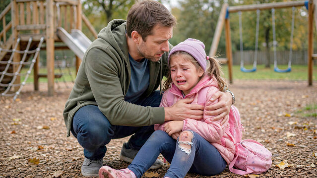 Father comforting upset crying daughter after fall in outdoor park playground