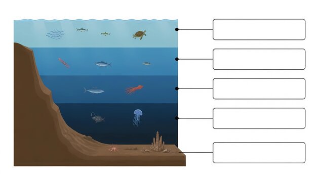 2D vector diagram of ocean depth zones cross section with blank callout boxes, educational marine science worksheet template