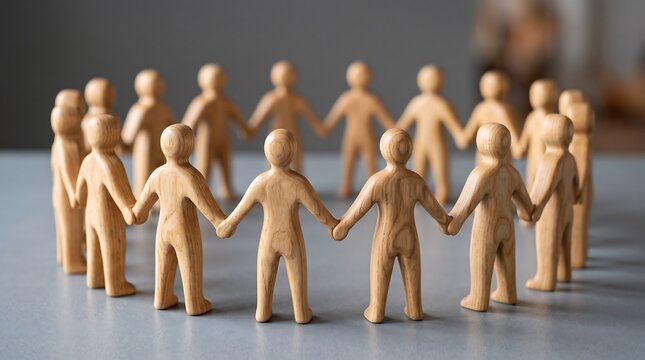 Small wooden figurines holding hands in a circle representing unity and community connection