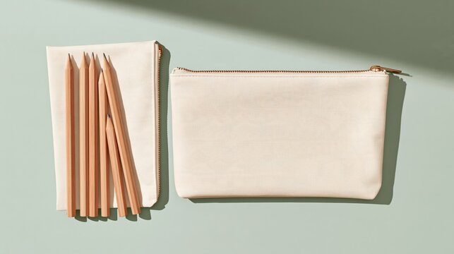 Two beige canvas pencil cases with wooden pencils on soft green background, one open with pencils fanned out, overhead flat lay with natural shadows