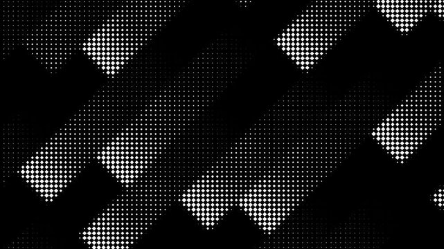 Abstract monochrome halftone dot matrix diagonal pattern motion background with dynamic black and white halftone grid animation
