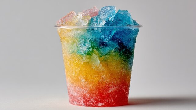 Playful summer beverage featuring multicolored slush ice drink in plastic cup with visible frosty details on neutral background