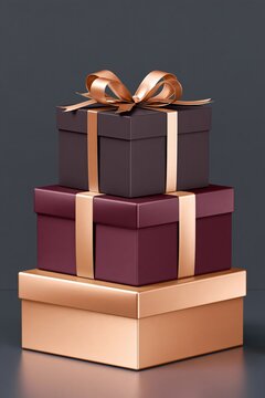Three stacked gift boxes in dark brown, burgundy, and copper with metallic ribbon and bow, studio lighting, minimalist composition